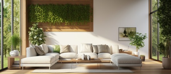 Brightly-lit modern living space with greenery and sofa.