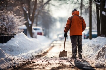 A man clears snow on the sidewalk after a heavy snowfall. Janitor digging snow with a shovel - obrazy, fototapety, plakaty