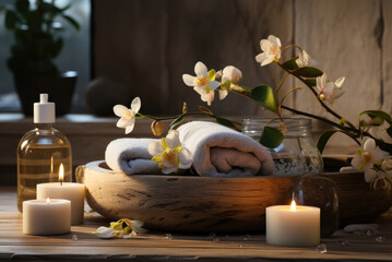Burning candles, towels and flowers in a vase. Hotel spa concept