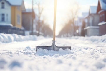 A snow shovel got stuck in a snowdrift in winter. Snowy weather in winter.