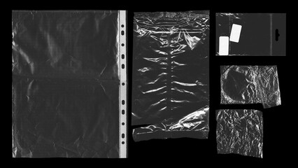 set of plastic bags with stickers on black background, texture looks blank and shiny, plastic...