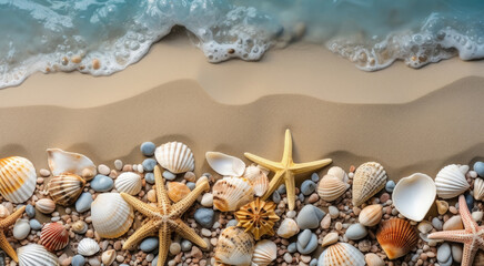 Fototapeta na wymiar Beautiful sand beach background with seashells on the seashore with copy space