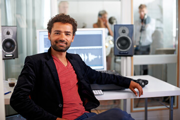 DJ, happy musician and recording studio portrait with a man and music producer with tech and...