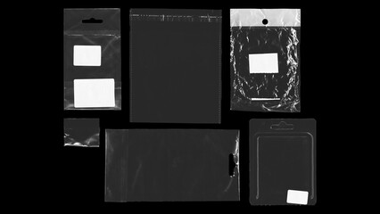 set of plastic bags with stickers on black background, texture looks blank and shiny, plastic...