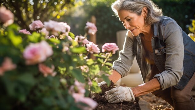 A mature White European woman with silver hair carefully plants roses in her sunlit garden.
