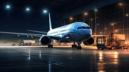 Tableaux ronds sur aluminium brossé Avion blue airplane parking in airport garage at sunset