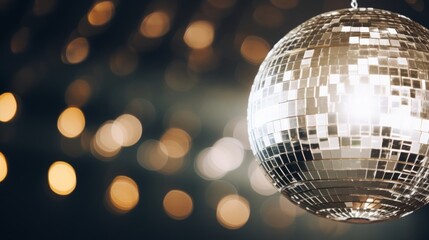 Fototapeta premium a macro close-up photo of a silver disco ball in the club or concert hall party venue, bokeh fairy lights in the background. New Year celebration mood