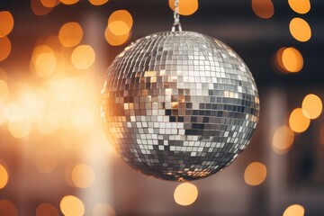 a macro close-up photo of a silver disco ball in the club or concert hall party venue, bokeh fairy lights in the background. New Year celebration mood