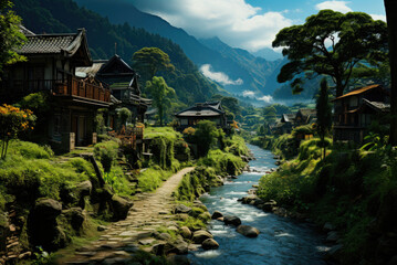 Fototapeta na wymiar Mountain village with houses along the river