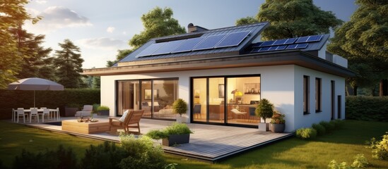 Contemporary energy-efficient house featuring skylights and rooftop solar panels. - obrazy, fototapety, plakaty