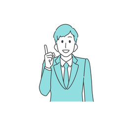 人差し指を立てて、ポイントのポーズをする笑顔のビジネスマン