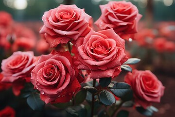 Fototapeta premium Group of red and pink roses blooming, close-up shot, showcasing intricate petal details against soft-focus background.