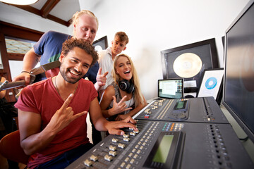 Recording studio, rock sign and portrait of people for music, radio and audio with musical...