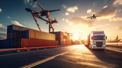 container trucks ships in ports and cargo planes - obrazy, fototapety, plakaty