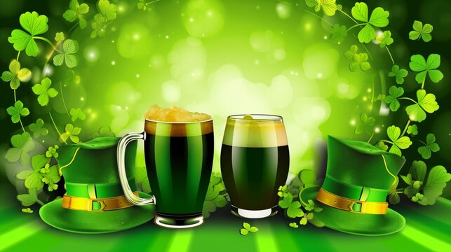 Saint Patrick’s day celebration composition. Beer, green clover and snacks for st Patrick’s holiday dinner. 