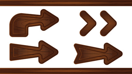 Wooden arrow sign board. Wood road pointer panel cartoon icon set. Empty isolated rustic timber plaque design for message or indicator. Game information frame vintage brown label illustration.