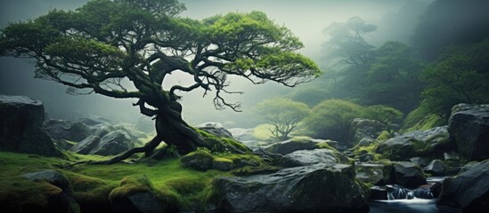 Enchanting mystical forest with misty tree. - obrazy, fototapety, plakaty