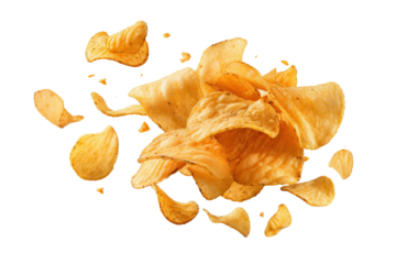 Potato chips fried falling in the air isolated on transparent background, snack time, junk food and high calories concept, crispy snack pieces.