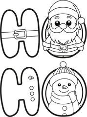 Santa Claus and Snowman cartoon illustration. Merry Christmas. Coloring page. Activity book for kids and adults.