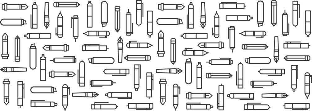 Set simple writing and painting tools in minimal line style. Pen, pencil, marker, liner. Collection monochrome vector art illustration. Abstract background for branding pattern.