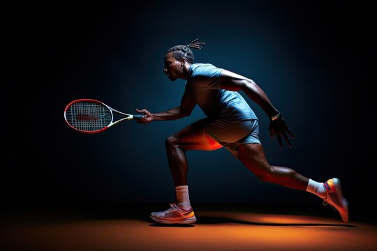 Determined and athletic man plays badminton, showing strength, concentration and speed in the studio.