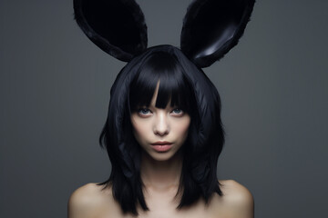 Beauty, fashion, style and make-up concept. Beautiful young woman with bunny ears studio portrait looking at camera. Minimalist style