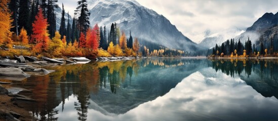 Autumn landscape reflected in Canadian mountain lake. - obrazy, fototapety, plakaty