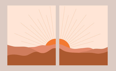 Sunset in the mountains. Set with two posters. Minimalistic abstract poster of desert landscape. Flat design poster. Boho style illustration. 