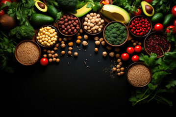 Flat lay frame of greens, broccoli, tomatoes, soybeans or chickpeas, bell peppers, nuts and spices. Superfoods on a black background with copy space