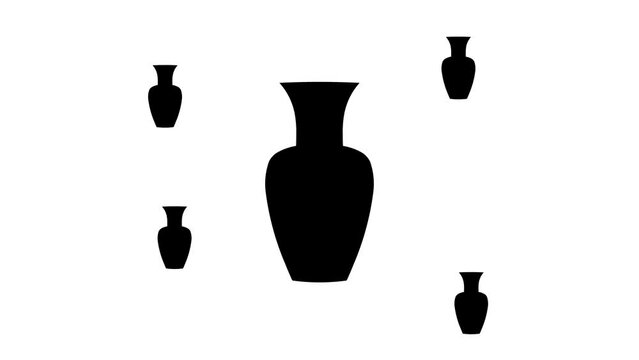 Zoom in and out animation the vase symbol. Large black symbol in the center and four small symbols around. Seamless looped 4k animation on white background