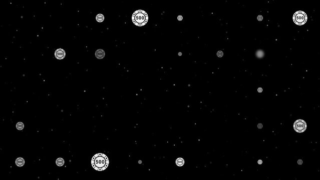 Template animation of evenly spaced poker chip symbols of different sizes and opacity. Animation of transparency and size. Seamless looped 4k animation on black background with stars