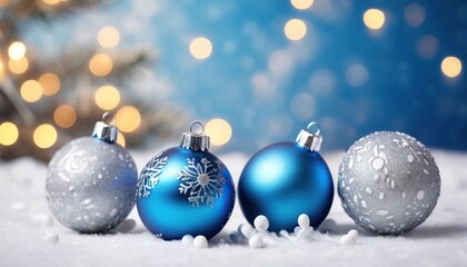 Blue christmas balls with snowflakes on bokeh background