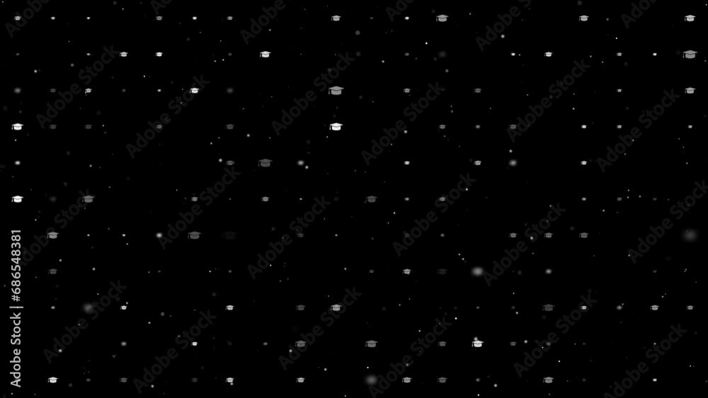 Poster template animation of evenly spaced square academic cap symbols of different sizes and opacity. anim