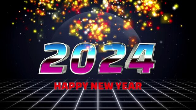 Happy new year 2024 retro style, fireworks, colorful sparkles