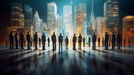 Silhouettes of businessmen in suits against backdrop of metropolis represent influential role of businessmen and politicians in governing city, interplay between city government and politics