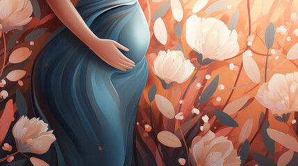 Pregnant woman holds her belly in dreamlike enchanting flower garden exudes joy of motherhood, radiating tenderness and femininity, profound connection between mother and her unborn child - obrazy, fototapety, plakaty