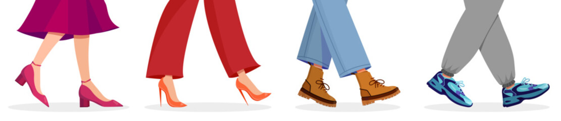 Set of colored female and male feet walking in a cartoon style. Vector illustration of female legs in a dress, pants with shoes, on heels and male legs in jeans with boots, sweatpants, sports shoes .