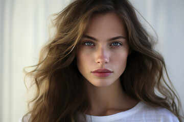 Fototapeta premium Portrait of sensual young woman Caucasian pretty model emotion looking at camera indoors