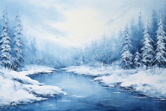 A monochromatic blue painting of a winter landscape with generative ai