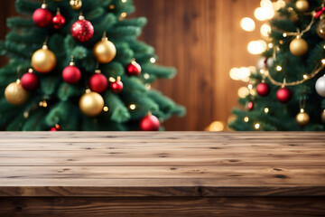 Fototapeta na wymiar Product display mockup featuring a wooden table top with a festive Christmas tree background.