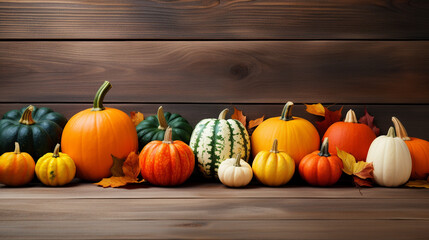 autumn scene with pumpkins on a wooden table. Autumn background with copy space.