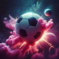 Fototapeta premium Soccer ball as a planet in space with pink smoke and explosions, with the moon in the background, digital art