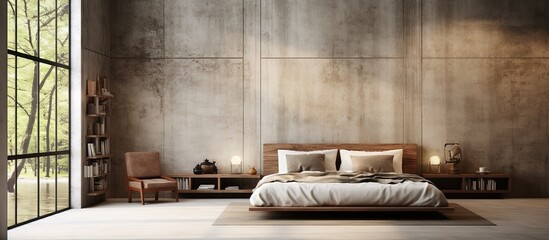 a bedroom with an urban feel featuring concrete wood and large windows