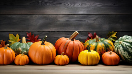 autumn scene with pumpkins on a wooden table. Autumn background with copy space.