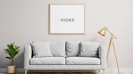 Mockup poster frame on the wall a white sofa in Scandinavian