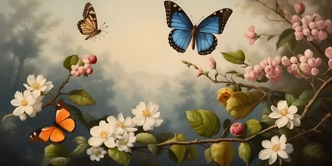 Afwasbaar behang Grunge vlinders oil painting in vintage style, a landscape of forest tree branches with flowers, fruits and butterflies