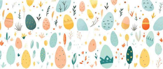 Easter eggs and patterns In the style of naive art composition, leaf pattern on a white background.