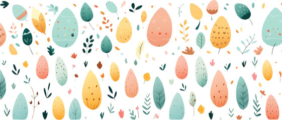 Easter eggs and patterns In the style of naive art composition, leaf pattern on a white background.