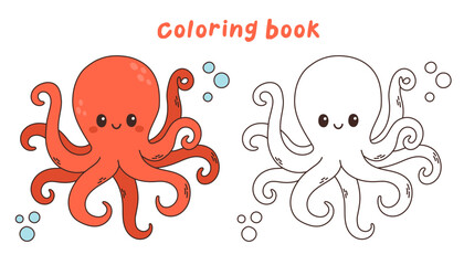 Cute red octopus vector illustration undersea, sea life coloring book or coloring page © spirka.art