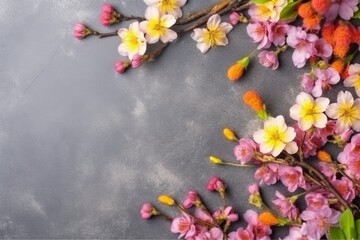 Spring Blossoms on Grey Background with Space for Text.